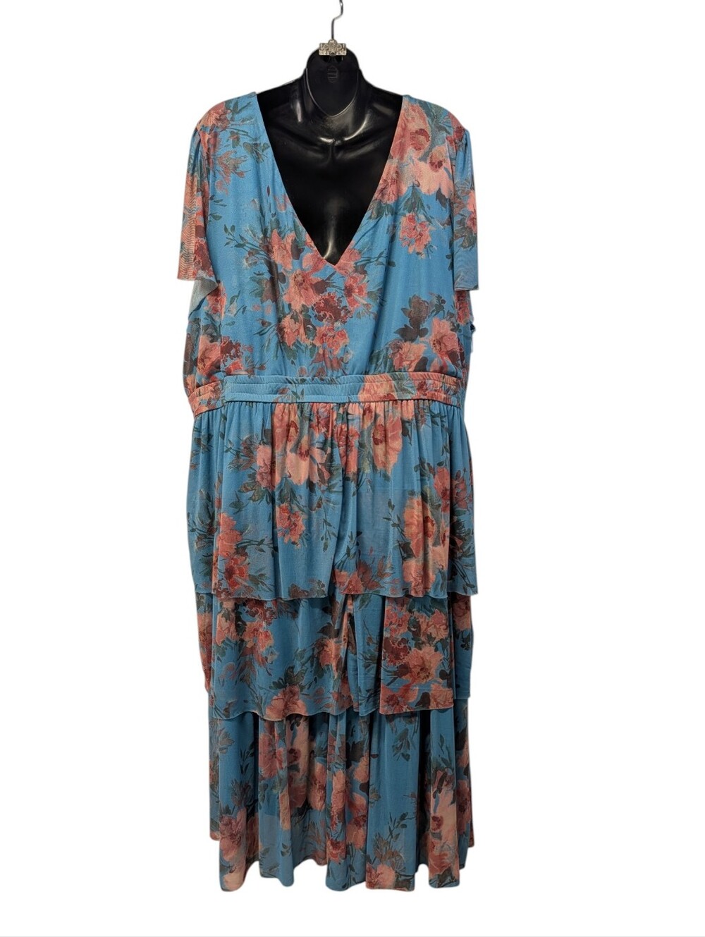 Maurices 4X Teal Blue Floral Tiered Maxi Dress Flutter Sleeve V-Neck Boho NWT - Picture 2 of 9